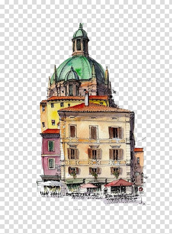 Watercolor painting Drawing Architecture Sketch, Cartoon hotel building transparent background PNG clipart