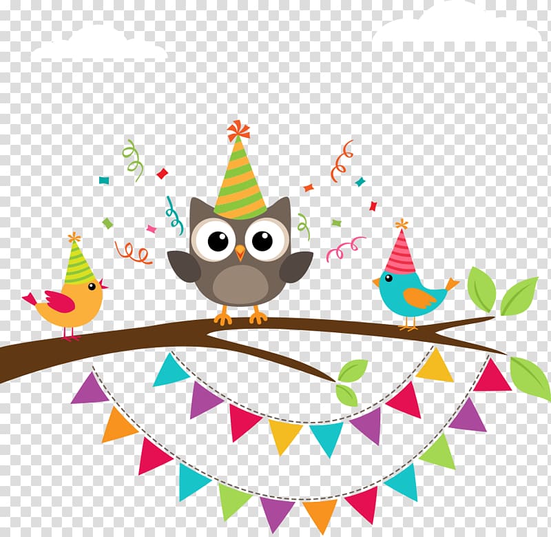 gray owl illustration, Owl Birthday Greeting card , Hand-painted cartoon owl colored bird on branch transparent background PNG clipart