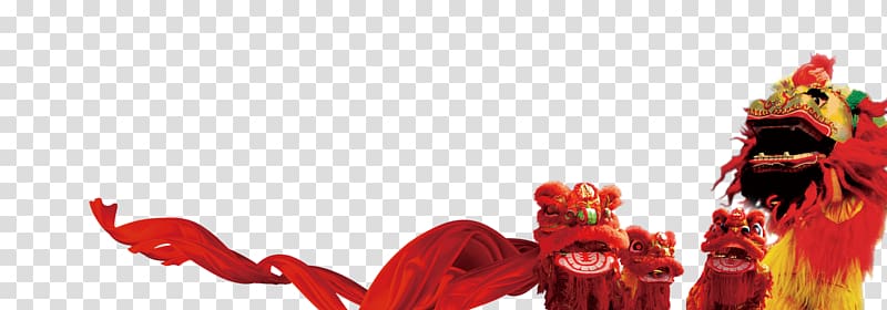 Lion dance Chinese New Year, Chinese New Year lion dance red ribbon transparent background PNG clipart