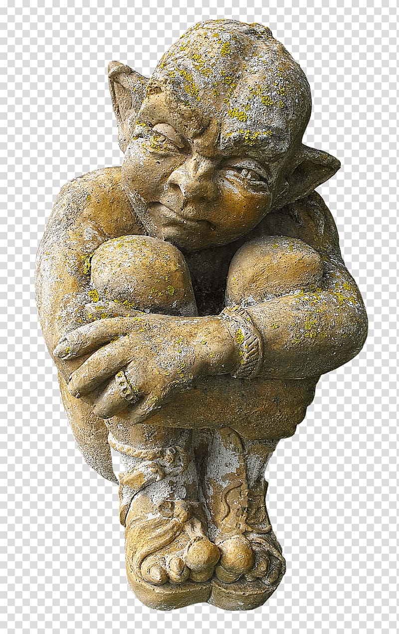 rusted gray goblin statuette, Vintage Garden Gnome Statue transparent background PNG clipart