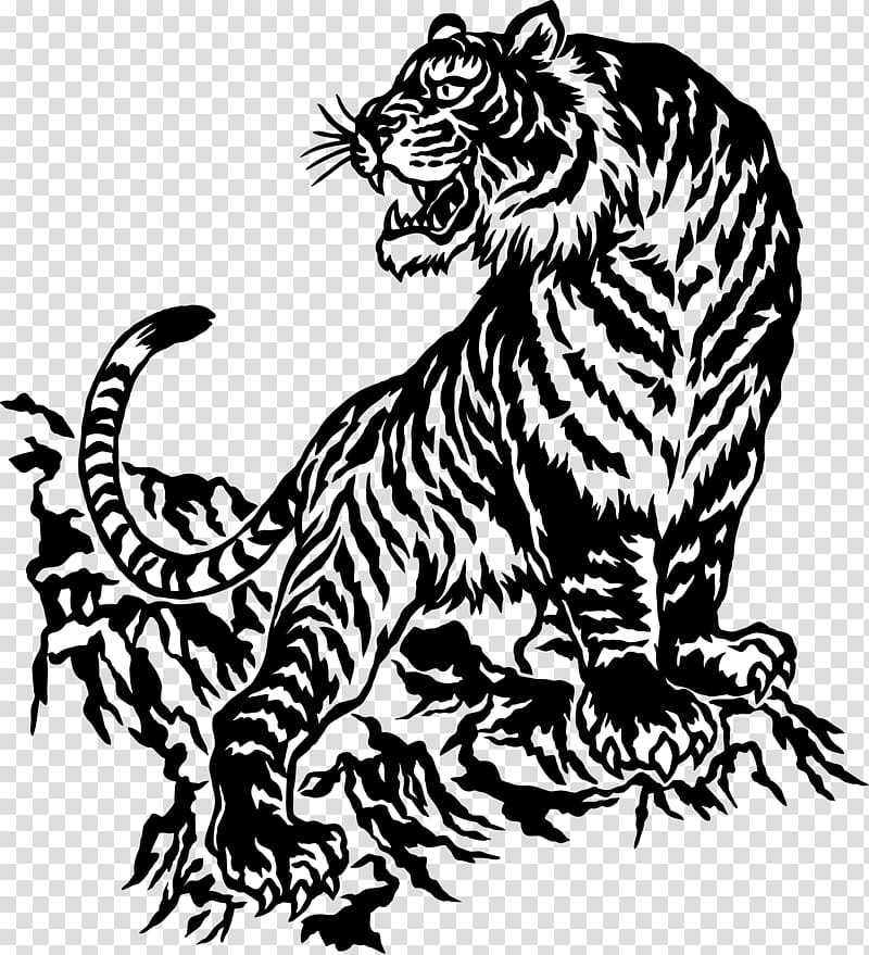 white and black adult tiger illustration, Japan Tiger illustration Illustration, Decorative Tiger transparent background PNG clipart