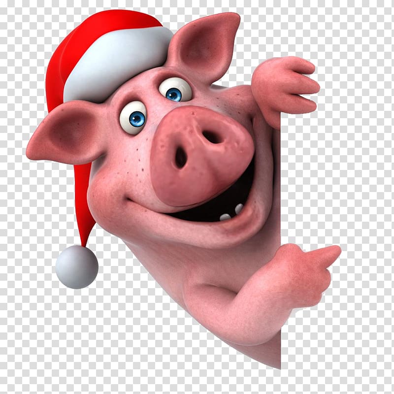 pink pig wearing Santa hat, Domestic pig Santa Claus Christmas Illustration, Cartoon with Christmas hat transparent background PNG clipart