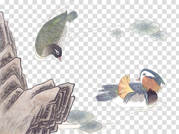 Chinese painting Ink wash painting Bird-and-flower painting, Rocks and duck lotus transparent background PNG clipart
