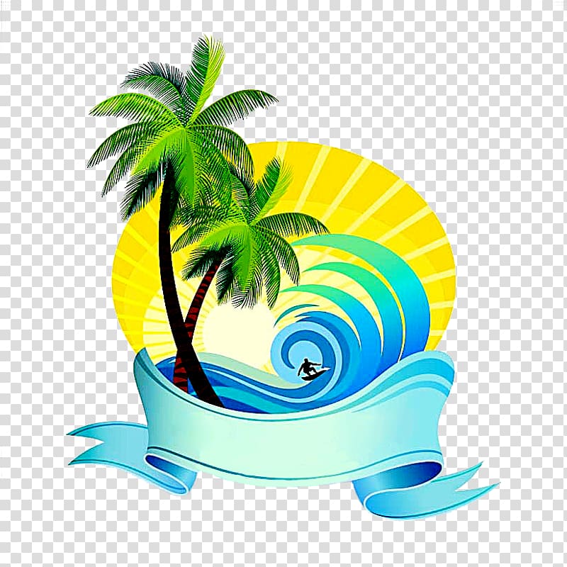 palm tree and waves illustration, Summer sea decoration transparent background PNG clipart