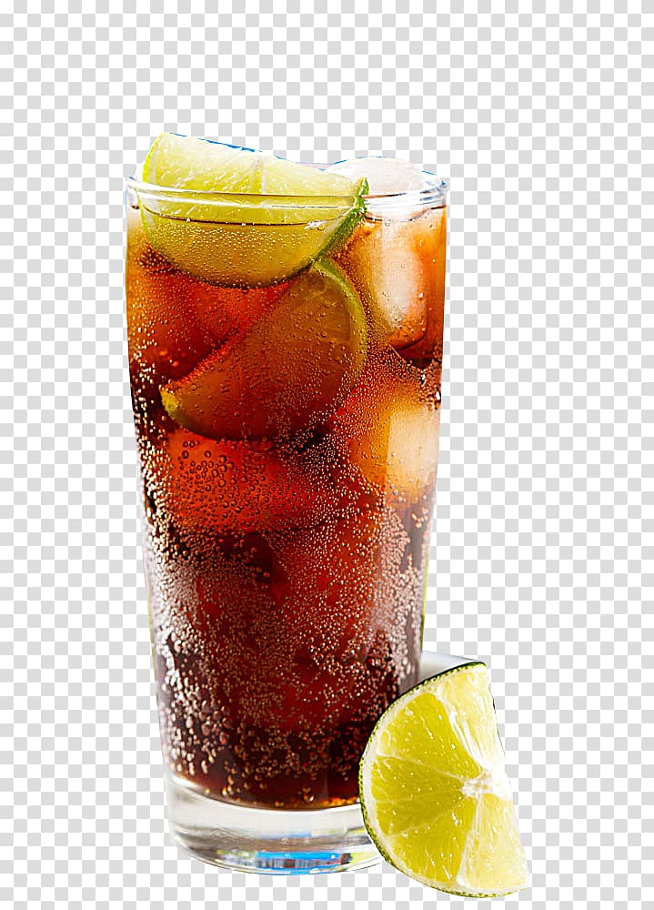 clear drinking glass filled with brown liquid and slice lime, Cocktail Juice Coca-Cola Drink, Cocktail lemon ice cubes transparent background PNG clipart