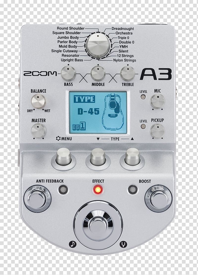 Effects Processors & Pedals Zoom A3 Acoustic guitar Zoom Corporation Preamplifier, Pro Sound Effects transparent background PNG clipart