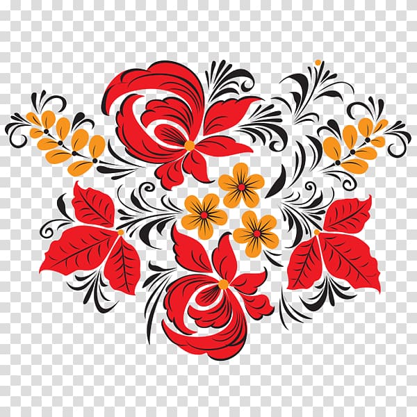 red, orange, and black flower painting, Khokhloma Ornament Drawing Gzhel Folk art, Red China Wind creative transparent background PNG clipart