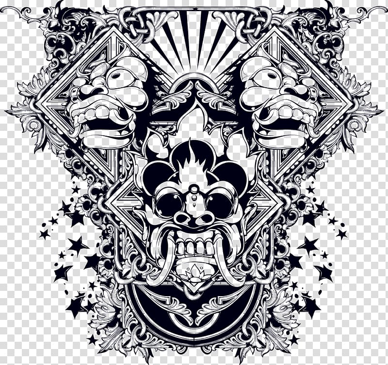 tiki decor illustration, T-shirt Tattoo Demon, Black monster pattern transparent background PNG clipart