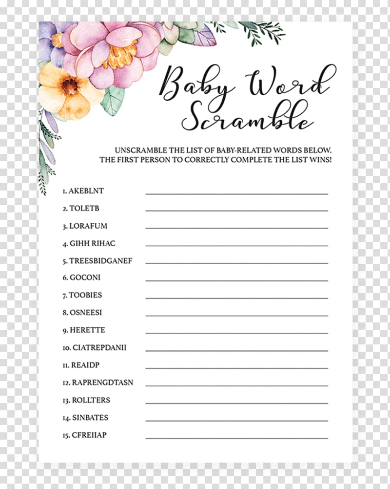 Scrabble Oriental Trading Company Baby Shower Word Scramble Word game, baby shower Flowers transparent background PNG clipart