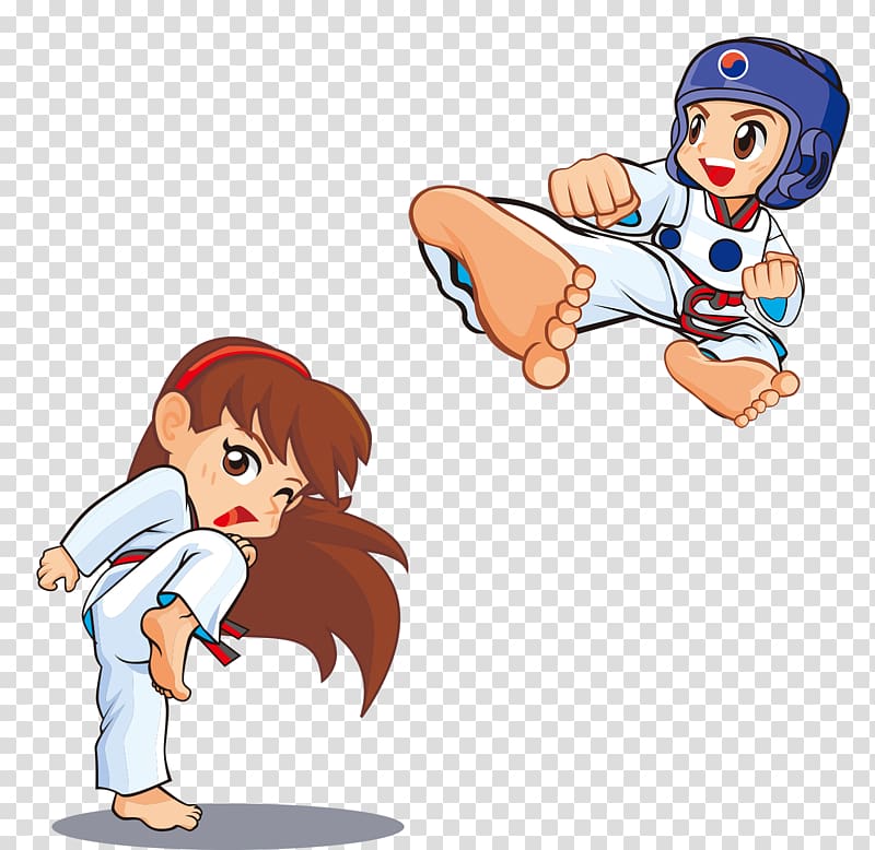 taekwando illustration, Taekwondo for Kids Kick Martial arts, Cartoon taekwondo male and female athletes transparent background PNG clipart
