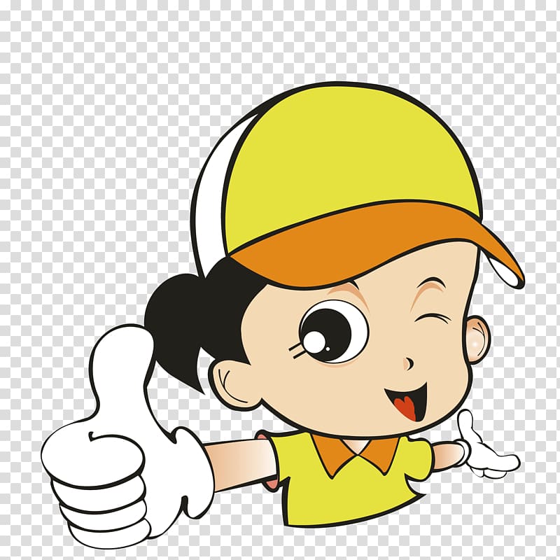 girl in yellow polo shirt and cap , Thumb signal Cartoon, Thumbs up cartoon girl transparent background PNG clipart