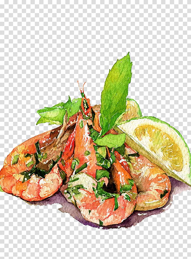 shrimps and lemon , Dim sum Food Watercolor painting Dessert Illustration, Lemon Shrimp transparent background PNG clipart