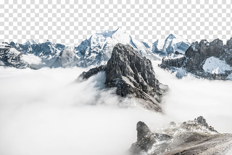 mountain and cloud, Mountain Snow Fog Cloud Landform, Snowy Landscape transparent background PNG clipart