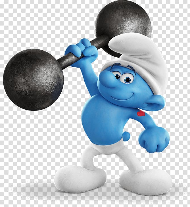 Smurf character carrying dumbbell , Hefty Smurf Smurfette Gargamel Grouchy Smurf Brainy Smurf, smurfs transparent background PNG clipart