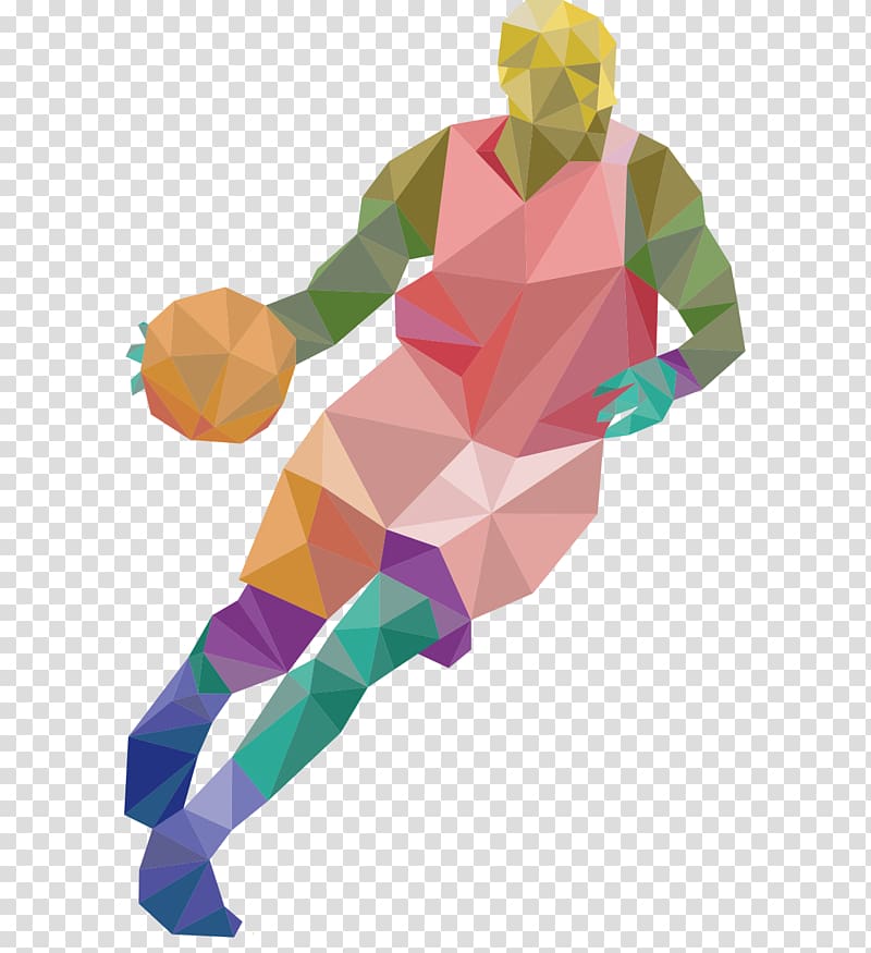 multicolored basketball player illustration, Sport Athlete Low poly, Geometric basketball player dribbling posture transparent background PNG clipart