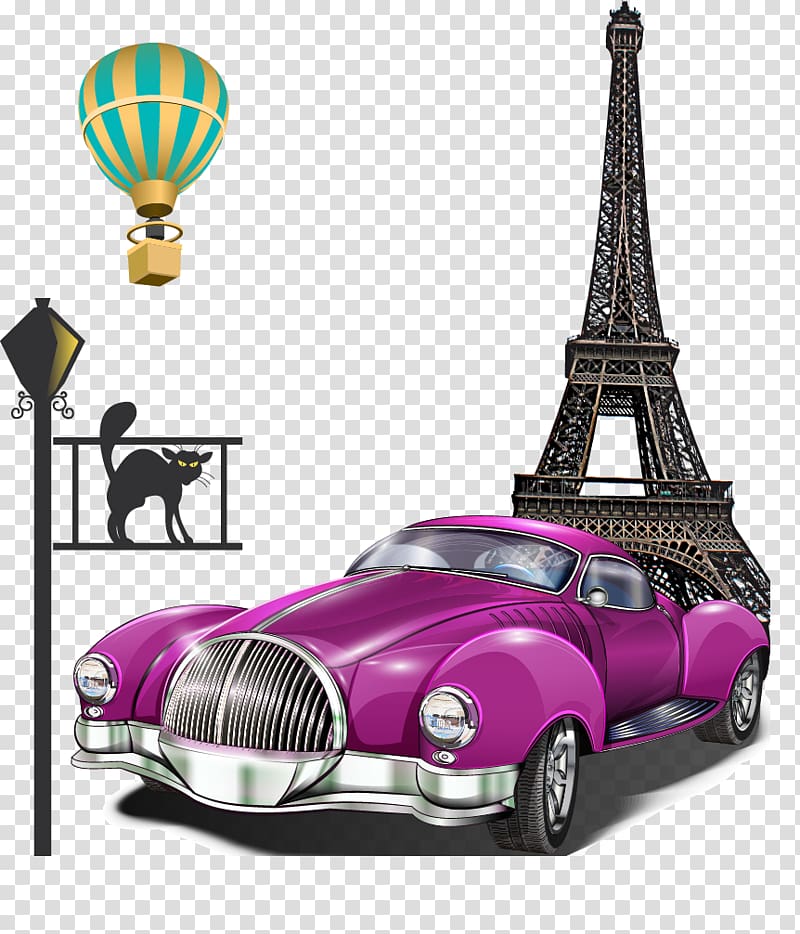 magenta car with eiffel tower , Eiffel Tower Leaning Tower of Pisa, Paris purple retro car transparent background PNG clipart