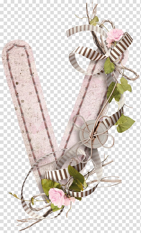 green, pink, and gray floral artwork illustration, V Letter Alphabet, Cloth alphabet decoration V transparent background PNG clipart