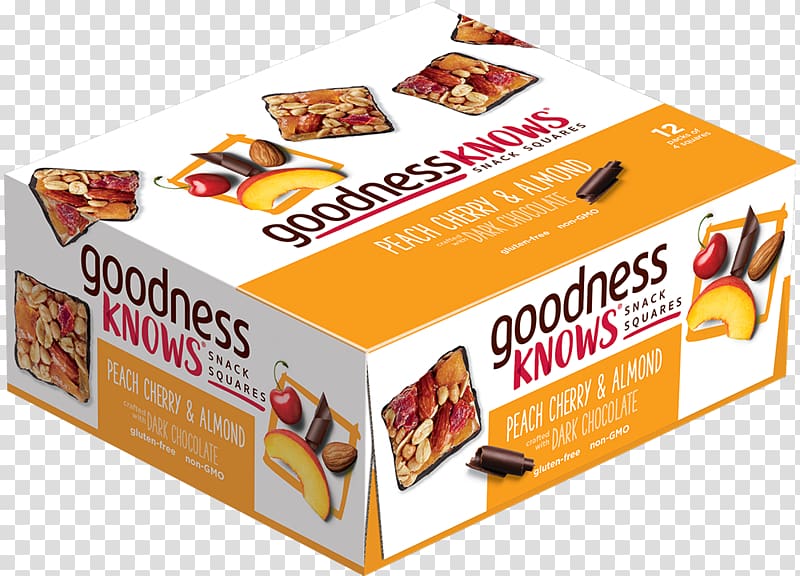 Goodnessknows Peach, Cherry, Almond and Dark Chocolate Snack Squares 12-Count Box Food Gluten-free diet goodnessKNOWS Almond Dark Chocolate Gluten Free Snack Square Bars, chocolate almond transparent background PNG clipart