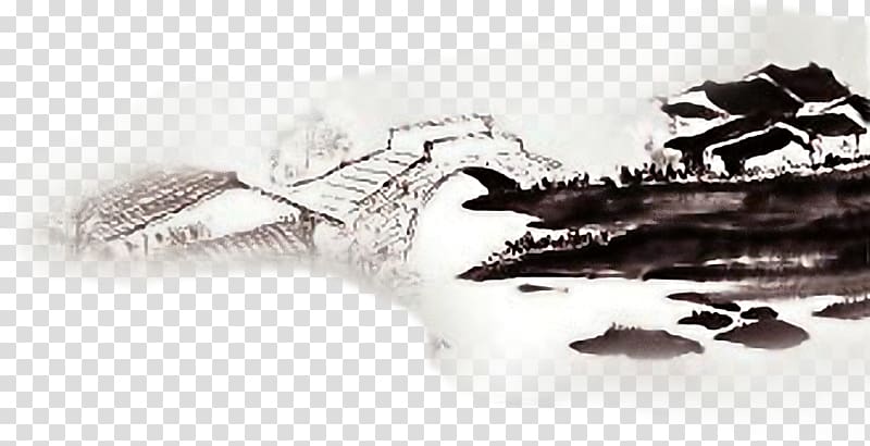 Ink wash painting Shan shui Watercolor painting Chinoiserie, bridge transparent background PNG clipart