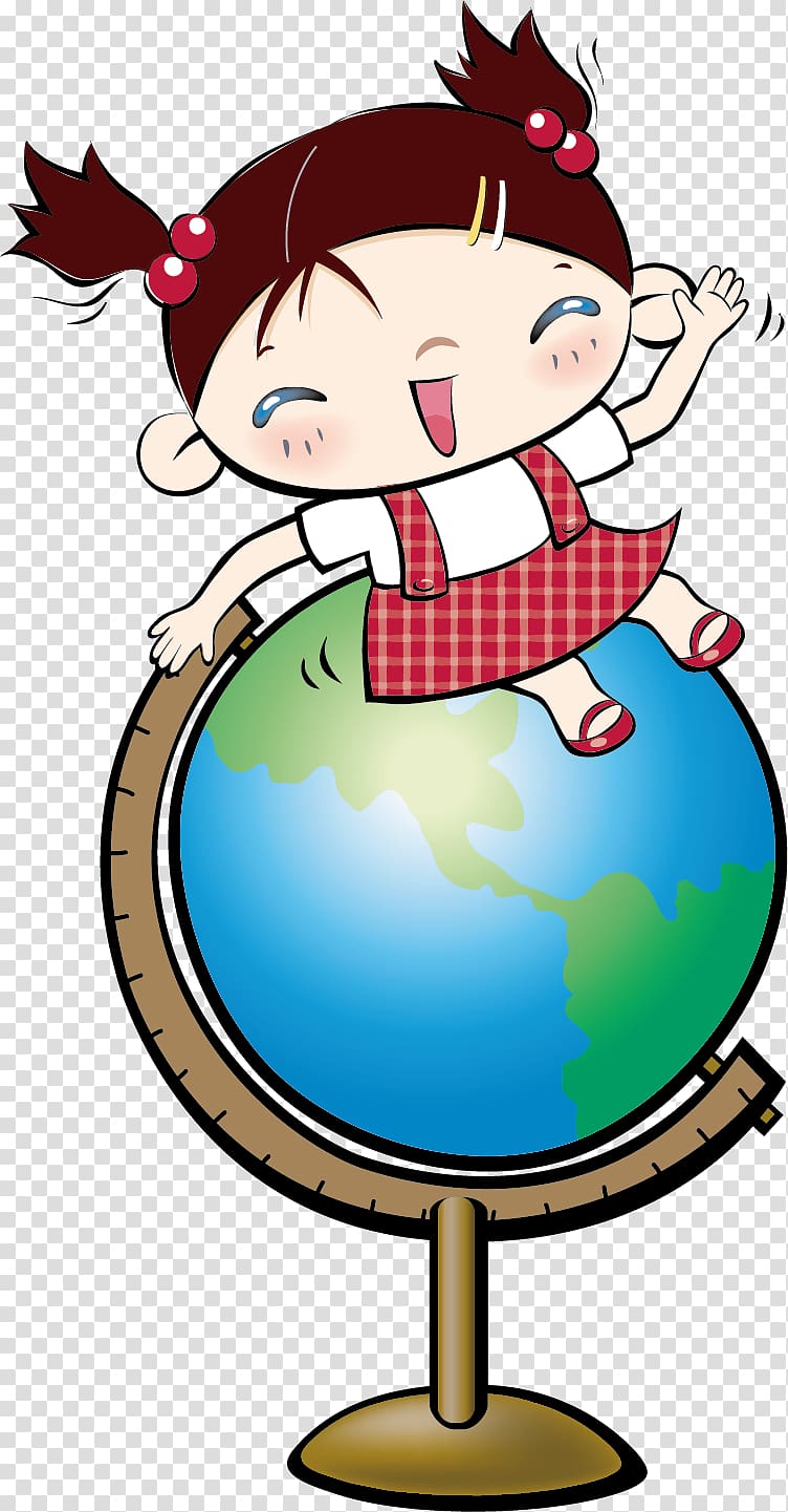 Child Cartoon Illustration, The little girl sitting on the globe transparent background PNG clipart