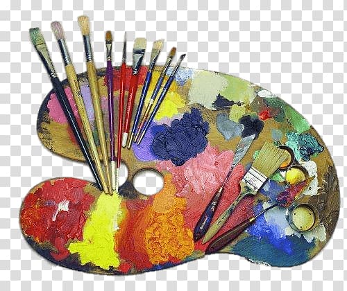 paint brushes and board illustration, Artists Palette and Supplies transparent background PNG clipart
