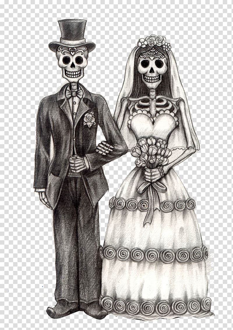 groom and bride skeleton illustration, Calavera Day of the Dead Bridegroom Drawing, Skeleton Bride transparent background PNG clipart