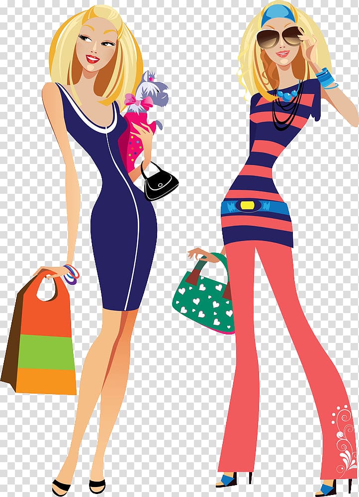 two women , Fashion Shopping Drawing Illustration, New modern shopping women transparent background PNG clipart