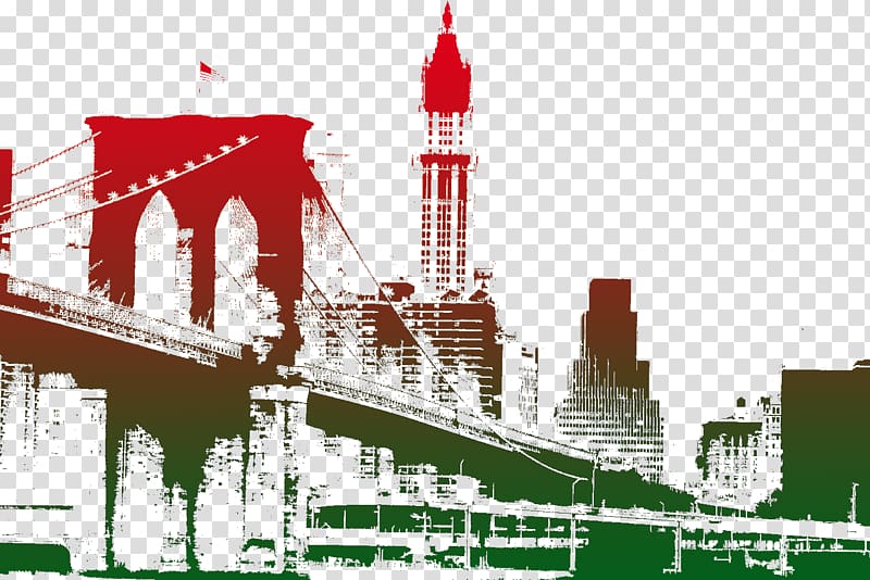 red and green Brooklyn bridge illustration, Brooklyn Bridge, Old Bridge, New York transparent background PNG clipart