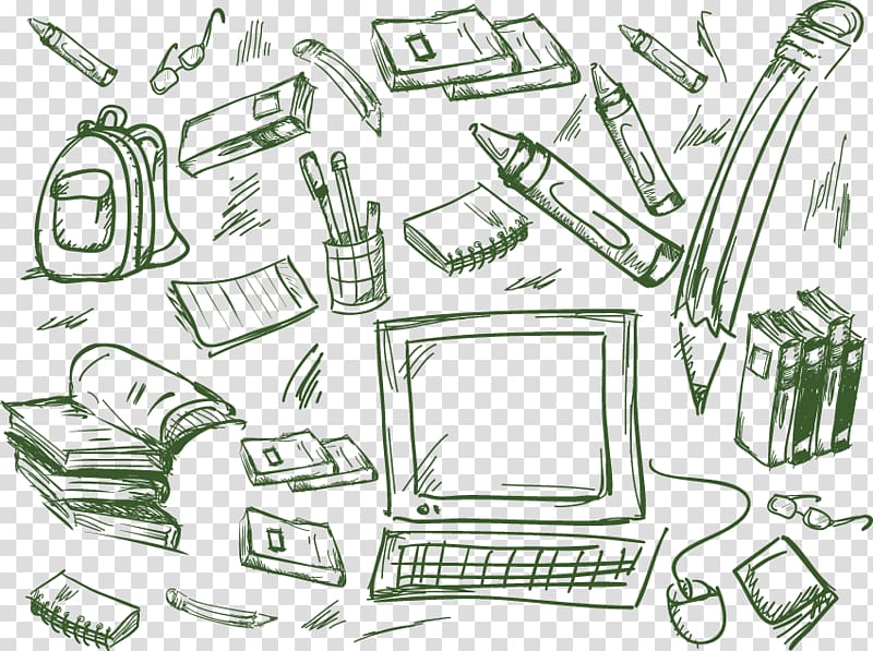 computer set , Drawing School Creativity Sketch, Hand-drawn cartoon school season bag book computer mouse pencil artwork transparent background PNG clipart
