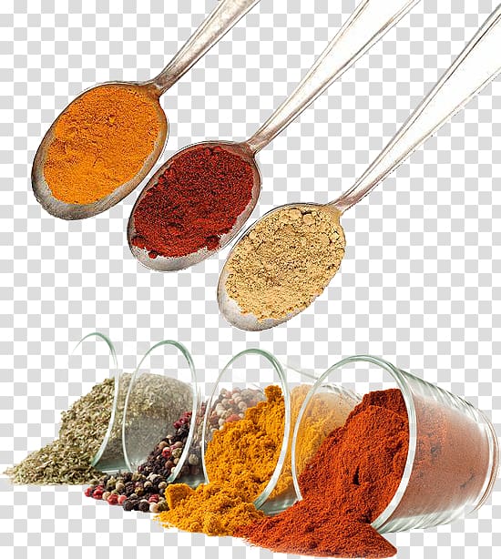 three silver spoons with powder spices, Spice mix Masala Food, Do dressings transparent background PNG clipart