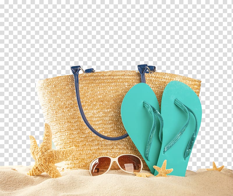 pair of green flip-flops leaning on brown tote bag with sunglasses and starfish, Wireless speaker Loudspeaker IP Code High fidelity, Beach shoes sunglasses transparent background PNG clipart