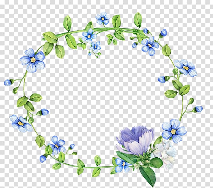 blue and purple petaled flowers frame illustration, Blue flowers wreath border transparent background PNG clipart