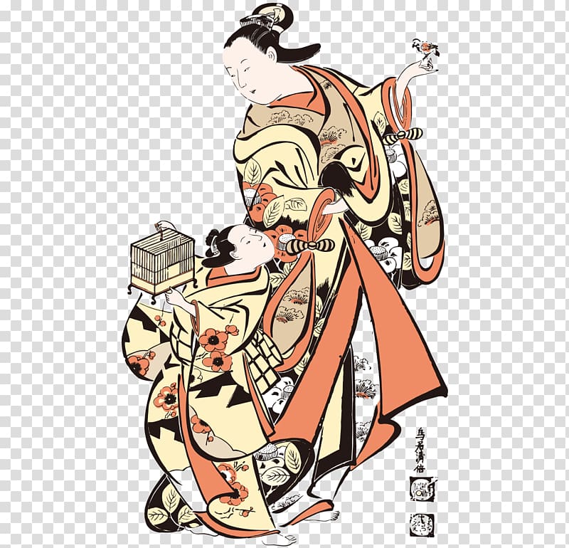 Japan Ukiyo-e Bijin-ga, Cartoon hand-painted to play the Japanese mother and child transparent background PNG clipart