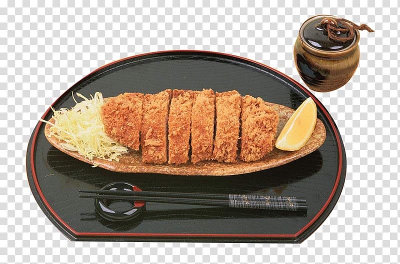 Japanese Cuisine Tonkatsu Spare ribs Katsudon French fries, Deep fried pork chop with lemon sauce transparent background PNG clipart