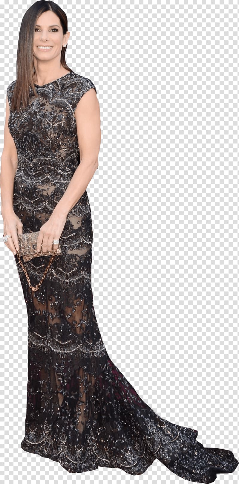 woman in black and gray floral sleeveless long dress, Sandra Bullock Party Dress transparent background PNG clipart