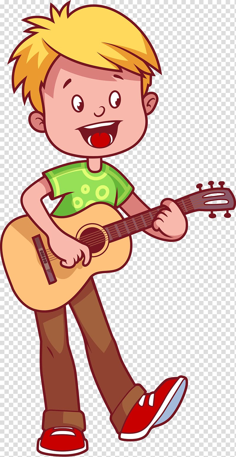 boy play acoustic guitar, Guitar Cartoon Illustration, Children playing guitar transparent background PNG clipart