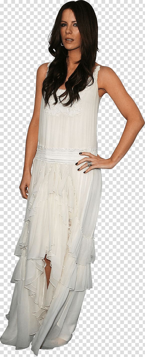 woman in white sleeveless column dress posing for a , Kate Beckinsale White Dress transparent background PNG clipart