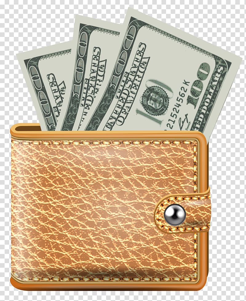 three 100 US dollar banknotes in brown leather bifold wallet , Online wallet Icon, Wallet with Banknotes transparent background PNG clipart