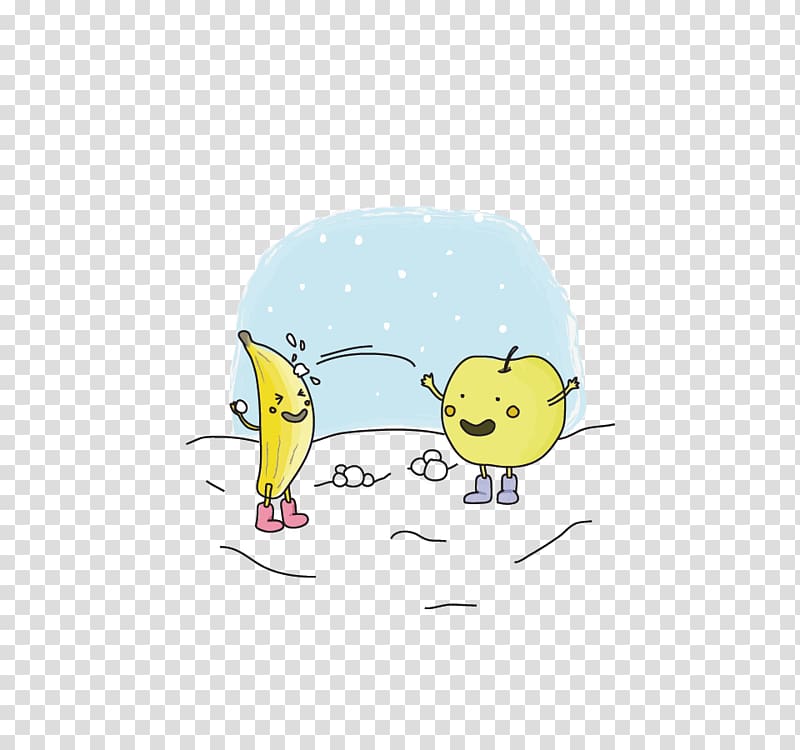 , Hand-drawn cartoon apple banana snowball fight transparent background PNG clipart