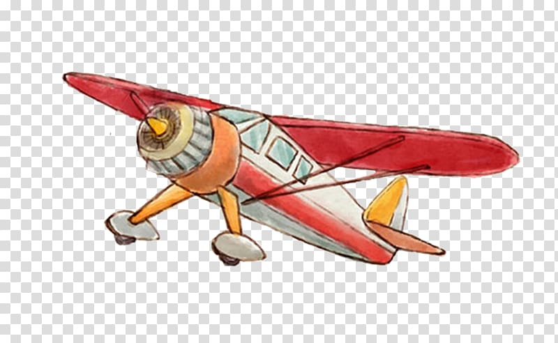 red and white monoplane illustration, Airplane Watercolor painting , Hand-drawn illustration airplane transparent background PNG clipart