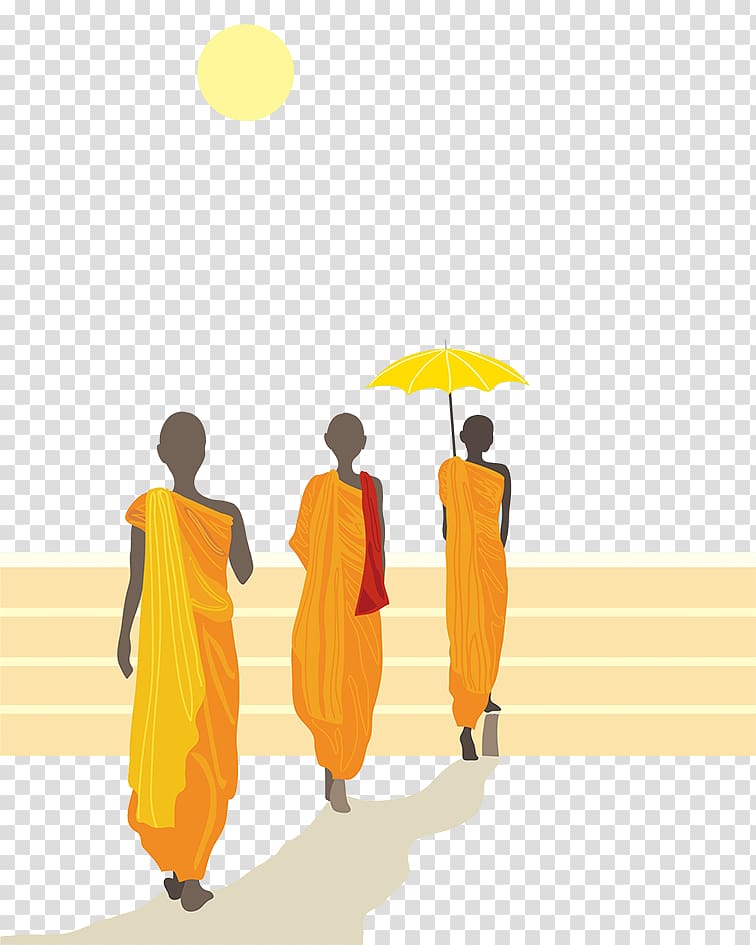 three women in orange traditional dresses walking at the coastline illustration, The Monk: A Romance Buddhism Bhikkhu Illustration, Flat winds, India monks transparent background PNG clipart