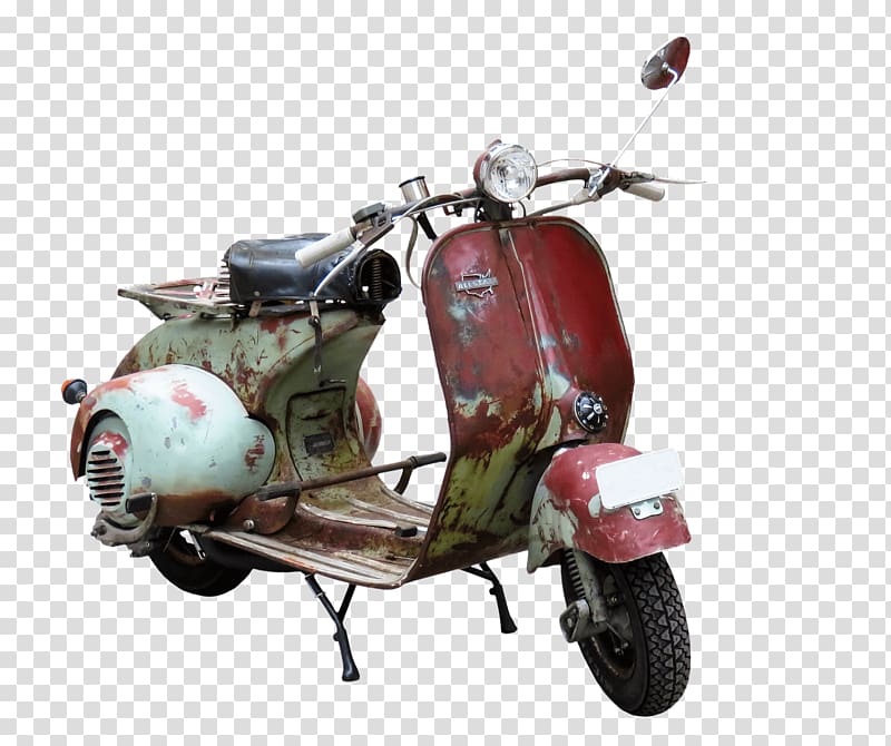 vintage red and green motor scooter, Old Rusty Moped transparent background PNG clipart