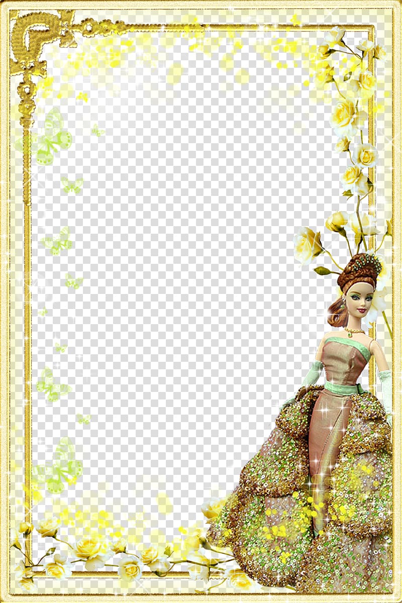 female doll, frame, Gold frame transparent background PNG clipart