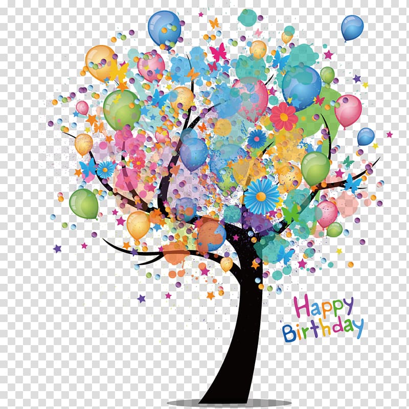 multicolored tree illustration, Birthday cake Greeting card Wish, Cartoon tree watercolor balloon transparent background PNG clipart