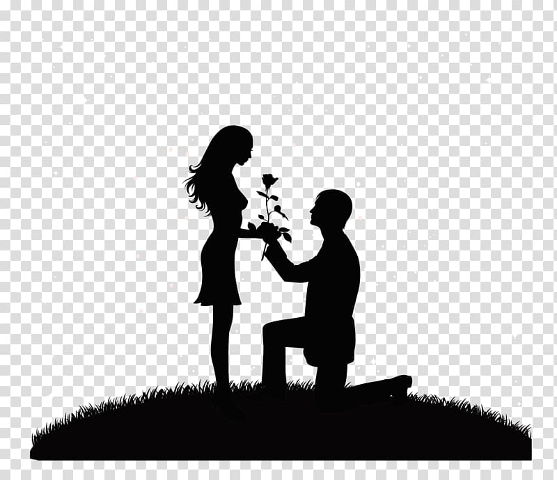 man kneeling in front of woman illustration, Cartoon Drawing couple, Silhouette couple next month transparent background PNG clipart