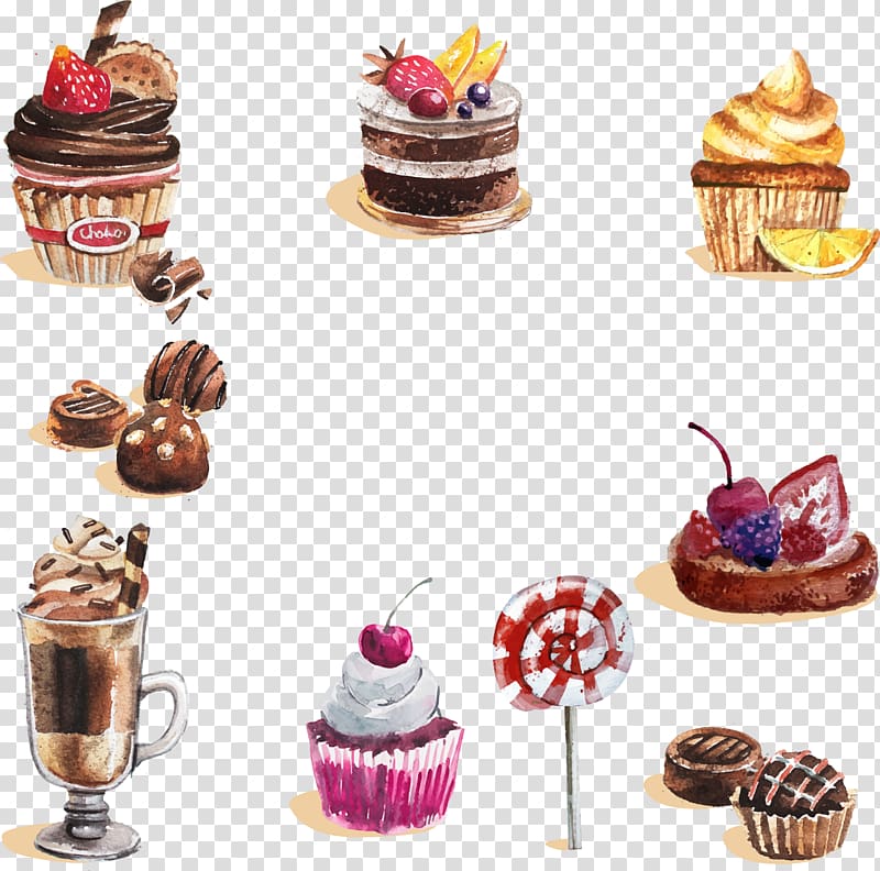 assorted desserts, Watercolor painting Dessert Cupcake Candy, Hand-painted watercolor cakes Collection transparent background PNG clipart