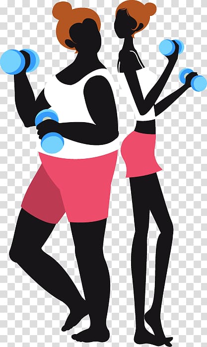 two woman holding dumbbells illustration, Obesity Weight loss, Take dumbbell fat woman and thin woman transparent background PNG clipart