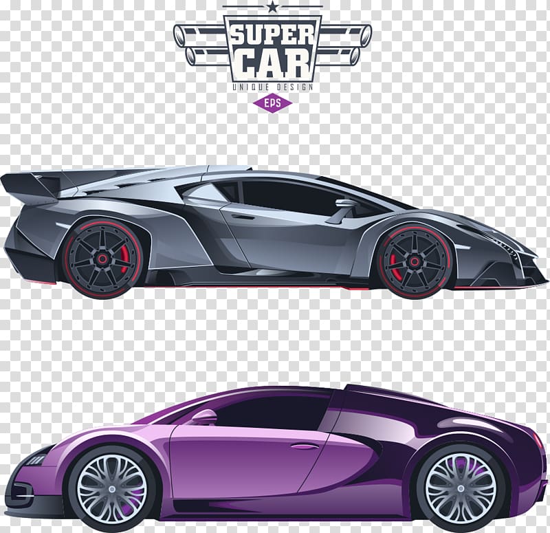 two purple and gray super cars illustration, Sports car Luxury vehicle Illustration, Cool car transparent background PNG clipart