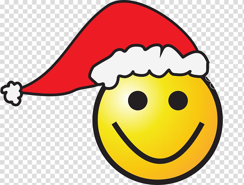Santa Claus Smiley Emoticon , Yellow smiley face with a red hat transparent background PNG clipart