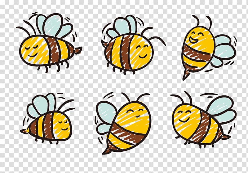 six yellow-and-brown bees , Honey bee Insect Drawing, Stick figure Bee transparent background PNG clipart